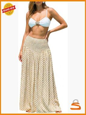 High Waist Smocked Maternity Maxi Skirt Flowy Beach Casual Long Skirt